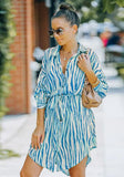 Turn-down Collar Full Sleeves Striped Print Belted Mini Loose Casual