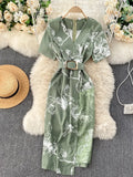 Casual Women Lace Patchwork Printed Bodycon Dress Ladies Office Elegant V-Neck Short Sleeve High Waist Vestidos With Sashes