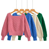 New Square Collar Long-Sleeved Twist Textured Short Sweater In Autumn-Outfit
