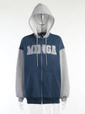 Letter Print Patchwork Oversize Sweatshirt Cotton Fitness Hooded Zipper Long Sleeve Lace Up Autumn Winter Harajuku
