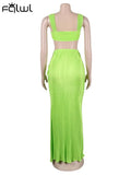 Sexy Green Sleeveless Caimsole Two Piece Skirt Set Party Evening For Women 2023 Summer Strapless Crop Top Long Skirt
