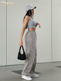 Casual Loose Gray Cargo Pants Women Fashion High Wasit Wide Trousers Pants Streetwear Pockets Pants Female Clothing