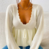 Women Hollow Sweaters Spring Autumn Clothes Knit Tops Solid Color Long Sleeve Drawstring Waist Pullover Sexy Club Knitwear-Outfit