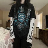 E-Gir Gothic Grpahics T-Shirt Vintage Gothic Printed Round Collar Loose Shirt Y2K-Outfit