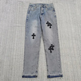 New Crowne Loose Printed Jeans Cross Leisure Straight Tube Loose White Washed Trousers-Outfit
