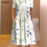 Women Dress O-Neck Short Sleeve Side Pockets Casual Dress Floral Print Pleated A-Line Midi Dress Female Clothing
