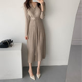 Elegant V-Neck Single-Breasted Thicken Sweater Dress Women 2022 Autumn Winter Knitted Belted Female A-Line Long Dresses