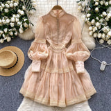 Court Lantern Sleeve Dress Girl Spring Hook Flower Embroidery Design Famous Light Luxury Royal Sister Temperament