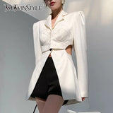 White Casual Blazer For Women Notched Long Sleeve Hollow Out Korean Straight Blazers Female 2021 Spring Fashion