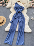 Fashion Sashes Irregular Women Jumpsuits Summer 2022 Solid Temperament Slim Ladies Diagonal Neck Wide Leg