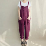 2021 Summer Women Loose Casual Bib Overalls Cotton Linen Rompers Long Jumpsuits Solid Strappy Pockets Dungarees