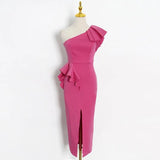 Sexy Dress For Women Ruffles High Waist Diagonal Colalr Sleeveless Ruched Plus Size Split Long Dresses Female