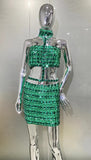 High Quality Fashion Hanging Neck Sexy Casual Diamond Embossed Top + Elegant Full Diamond-Mounted Half-Dress