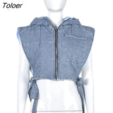 Winter Sleeveless Side Lace Up Vest Jacket Zipper Denim Hoodies Streetwear Women Clothing Fashion Outwear Crop