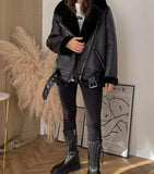Faux Leather Lapel Women Jacket Coat Loose Long Sleeve Thick Warm Coats Vintage Lambswool Female Locomotive