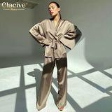 Fashion Loose Satin Pants Set Women Casual Long Sleeve Shirts Wide Trousers Suits Elegant Home Wear Two Piece Robe