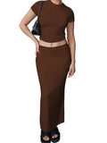 Summer 2 Pieces Sets Women Outfits Solid Color O-neck Short Sleeve Slim Fit Basic T-Shirts Crop Tops Long Skirts 2023-Outfit