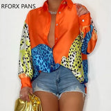 Women Chic Fashion Leopard Pattern Turn Down Collar Long Sleeves Button Casual Blouses Tops-Outfit