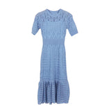 Chic Korean Temperament Slim Sexy Hollow Out Dresses O Neck Short Sleeve Wrap Hip Knitted Dress White Lady Summer