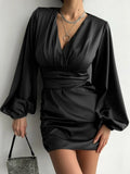 Party Ruched Sexy Dress Women Lantern Sleeve V-Neck Satin Short Dress With Sashes Clubwear Spring 2023 Solid