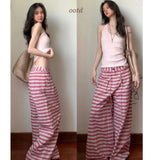 And Languid Temperament Short-Sleeved Top High Waist With Loose Pink Striped Broad Leg Trousers