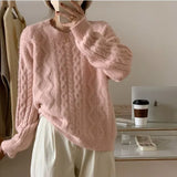 Version Of Autumn And Winter New Round Neck Twist Pink Knitted Sweater Loose Lazy Wind Sweet Autumn Blouse Girl-Outfit