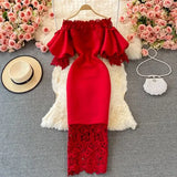 Sexy Hollow Out Lace Bodycon Long Dress Women Elegant Red/Pink/White Off Shoulder Patchwork Maxi Party Vestidos 2021 Autumn