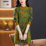 Long-Style Semi-High-Necked Sweater Women's 2024 Autumn And Winter New Retro Color Thread Knitted Bottom Sweater-Outfit