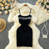 Women Korean Style Mini Dress Summer 2022 Letter Print Vacation Solid Backless Sexy Ladies Party Knit A Line