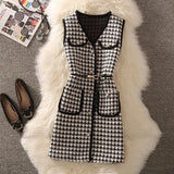 plaid Mid-Length Tweed Vest Jacket with belt Casual Long Waistcoat And Knitted Sweater Elegant 2 Piece Set Women Outfits 425-0-Outfit