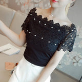 Elegant Hollow Out Casual Women Top Women Short Sleeve White Blouse Ladies Blouses Sexy Women Lace Stitching Shirt
