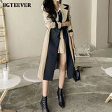 Elegant Notched Collar Ladies Patchwork Windbreaker Full Sleeve Buttons Belted Women Long Trench Coats 2021