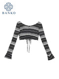 Harajuku Gothic Punk E-girl Fashion Stripe Crop Tops Women Club Party Slim Sexy Long Sleeve T Shirt Spring Summer Tee