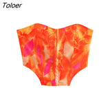 Women Sexy Strapless Floral Print Corset Style Buckle Up Smock Blouse Femme Back Elastic Y2K Shirt Chic BlusasTops
