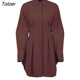Autumn Winter Bodycon Dress Women Khaki Long Sleeve Pleated Shirt Dress Office Ladies Solid Lapel Casual Mini
