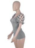 Sweet U-Neck Puff Sleeve Dot Print Regular