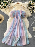 Sexy Women Spaghetti Strap Mesh Midi Dress Summer Elegant Off Shoulder Rainbow Striped Colorful Beach Vestidos Female Robe