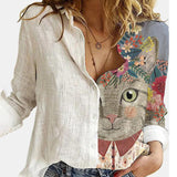2021 Women Botton Vintage Polo-Neck Office Lady Spring Summer Loose Casual Cartoon Printing T-Shirt Long