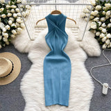 Backless Sexy Women Knitted Dress Summer 2022 Korean Style O Neck Slim Solid Sleeveless Ladies A Line Midi