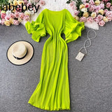 Elegant Women French Style Platycodon Grandiflorum Fairy Ruffled Flare Sleeve Pleated Solid Long Dresses