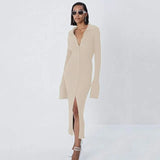 Free Shipping Autumn Bodycon Dress Sweater Knitted Green Women Sexy Midi Split V Neck Long Sleeve Casual Dresses Party