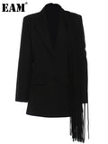 Women Black Tassels Irregular Casual Blazer New Lapel Long Sleeve Loose Fit Jacket Fashion Spring Autumn 2023