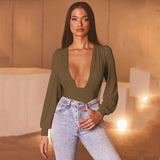 Solid Shaped Waist Sexy Bodycon Bodysuits Women Autumn Deep V-Neck Lantern Sleeve Slim Active Streetwear
