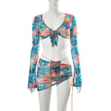 Tie Dye Ruched Long Sleeve Crop Top Women V Neck Bow Bandage See Though Beach Summer Sexy Woman T Shirts 3 Pieces
