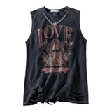 Grunge Foral Logo Oversized Ripped Tank Top-Outfit
