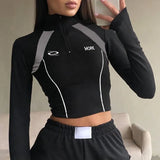 And Hot Wind Impact Color Zipper Stitching Standing Collar Trimming Tooling Machine Can Long-Sleeved T-Shirt Blouse 2024 Cool Women's Wear-Outfit