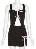 Women Y2K Sexy 2 Pieces Skirt Sets Front Tie-up Sleeveless Tank Crop Tops Side Split Short Mini Skirts Party Outfits-Outfit