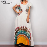 2021 Summer Sundress Women Vintage Print Long Dress Ladies Short Sleeve Casual Loose Holiday Maxi Robe