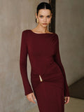 New Women's Fashion Temperament Wine Red Dress Metal Accessories