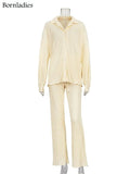 Causal Loose Home Suit Long Sleeve Blouse With High Wasit Pants Set Women Elegant Pleated Beige 2 Piece Pant